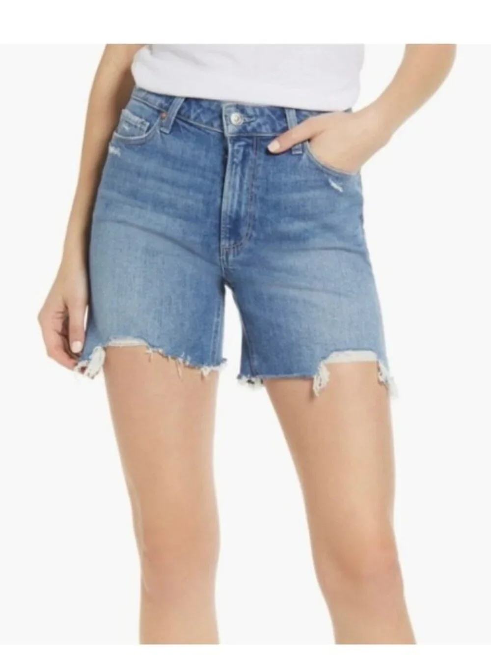 PAIGE Sarah Longline Wannabe Distressed Denim Shorts Bermuda Long 26